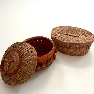 Small Autumnal Baskets, Set of Two Small Lidded Baskets, Hand Woven Rustic Baskets