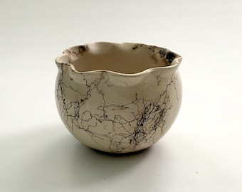 Horse Hair Pottery Bowl with Scalloped Rim