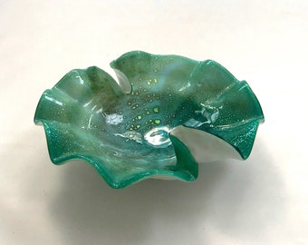 Vintage Italian Glass Bowl, Turquoise over White, Mouth Blown MCM Glass with Gold Flake