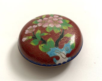 Japanese Incense Container, Kogo, Shippo Cloisonné Ware, Asian Collectible, Vintage Enameled Brass Floral on Deep Red Cloisonné Box