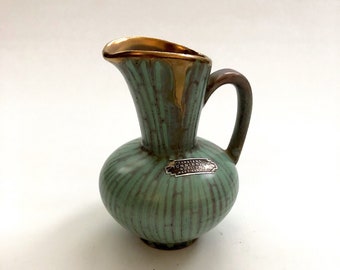 MCM Carstens Tonnieshof Art Pottery Vase Pitcher in Gold and Turquoise Drip, W Germany Carstens Tonnieshof Qualitat