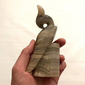 Hand Carved Striped Onyx Parrot Statue: Mid Century Bookend Sculpture