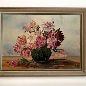 Original Oil Painting on Canvas Floral, Bouquet of Flowers, Vintage 1940s, in Wood Frame