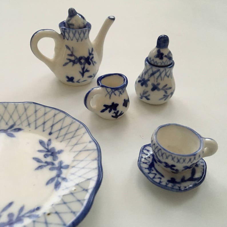 FREE SHIPPING Teapot Creamer and Sugar Pieces Made in China Dollhouse Tray Teacup Miniature Blue and White Tea Set