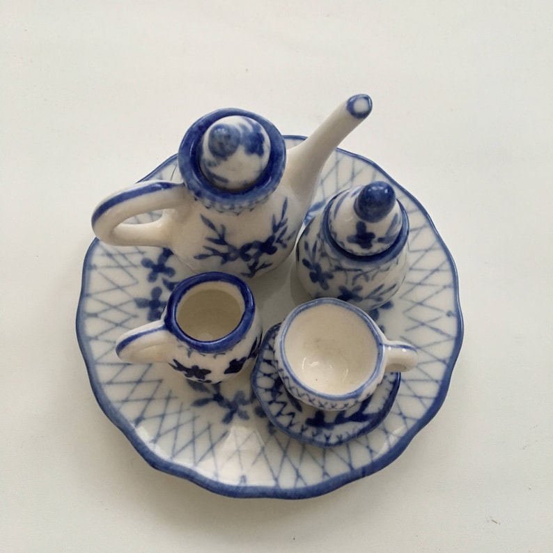 FREE SHIPPING Teapot Creamer and Sugar Pieces Made in China Dollhouse Tray Teacup Miniature Blue and White Tea Set