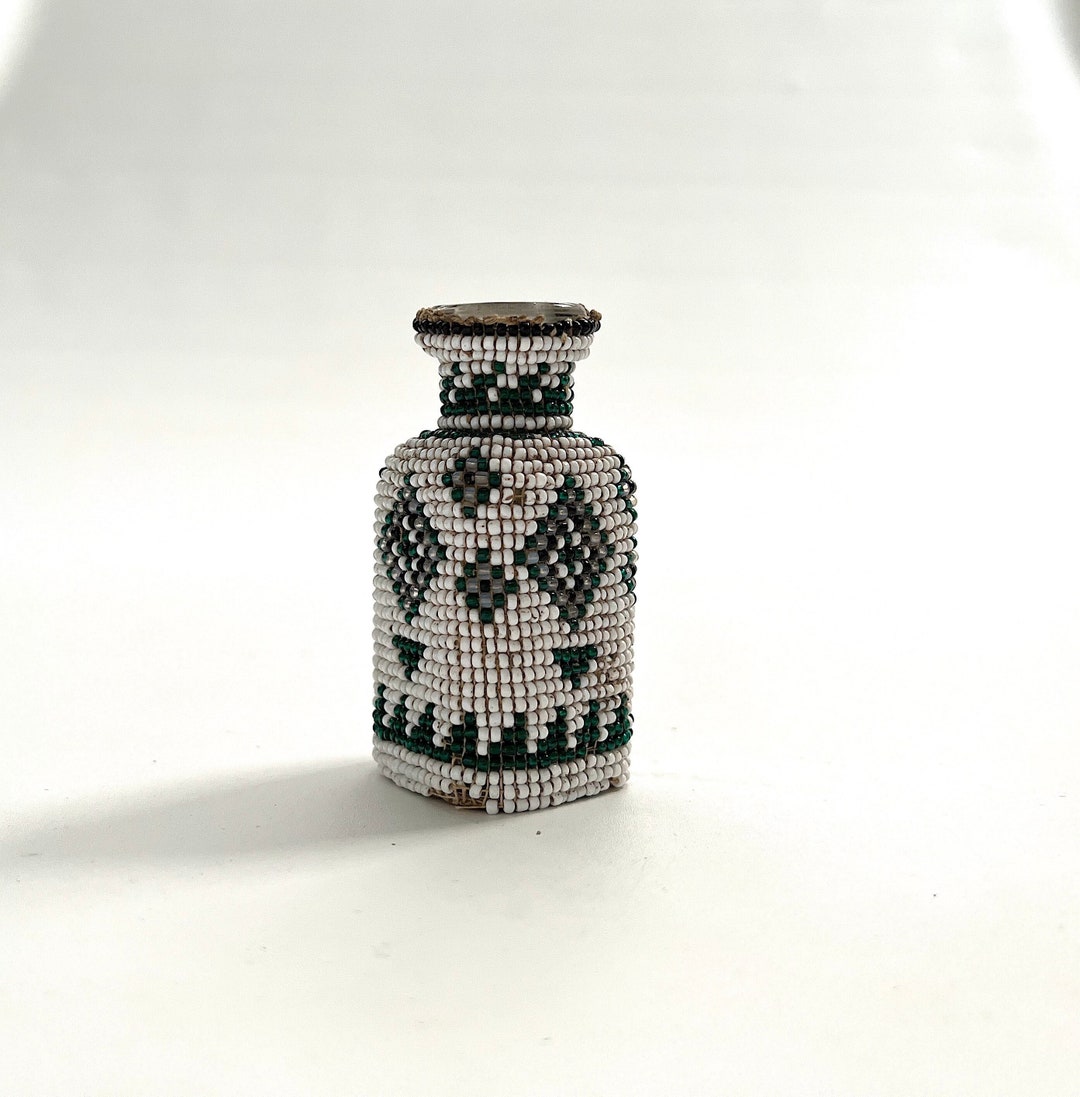 Antique Beaded Glass Bottle, Native American Hand Beaded Glass Bottle