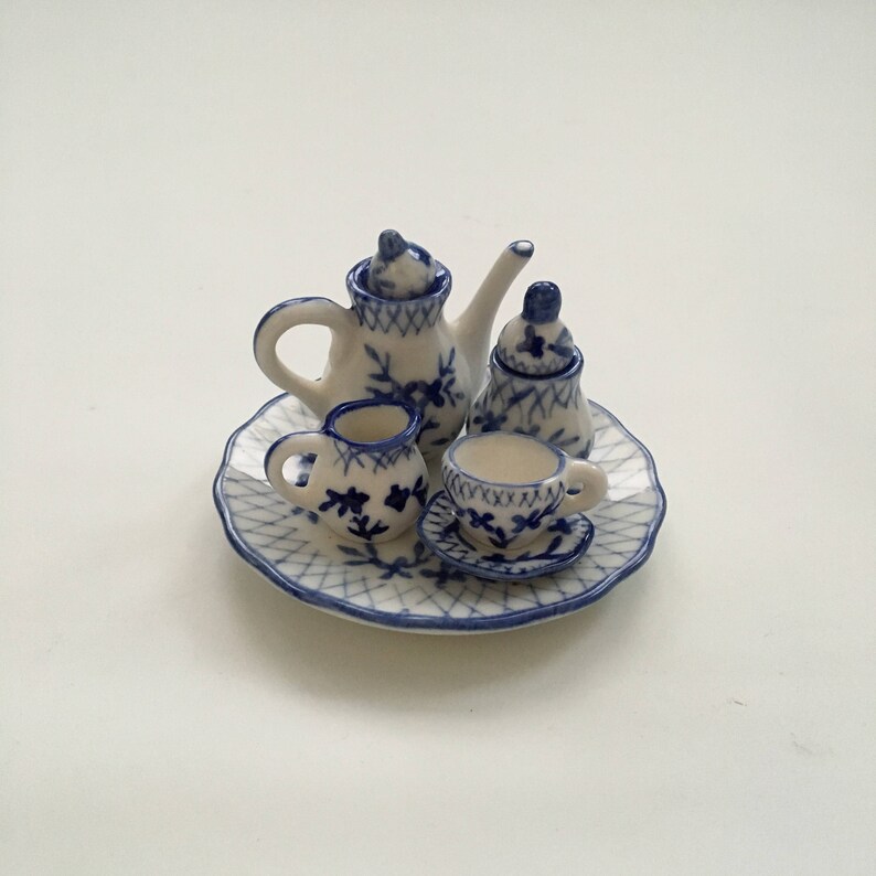 FREE SHIPPING Teapot Creamer and Sugar Pieces Made in China Dollhouse Tray Teacup Miniature Blue and White Tea Set