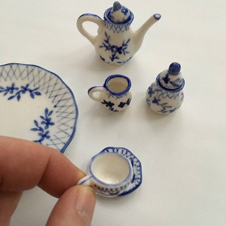 FREE SHIPPING Teapot Creamer and Sugar Pieces Made in China Dollhouse Tray Teacup Miniature Blue and White Tea Set