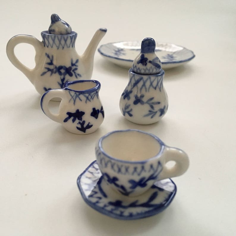 FREE SHIPPING Teapot Creamer and Sugar Pieces Made in China Dollhouse Tray Teacup Miniature Blue and White Tea Set