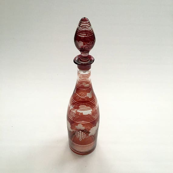 Bohemian Wheel Etched Red Glass Wine Decanter With Grape Motif Etsy