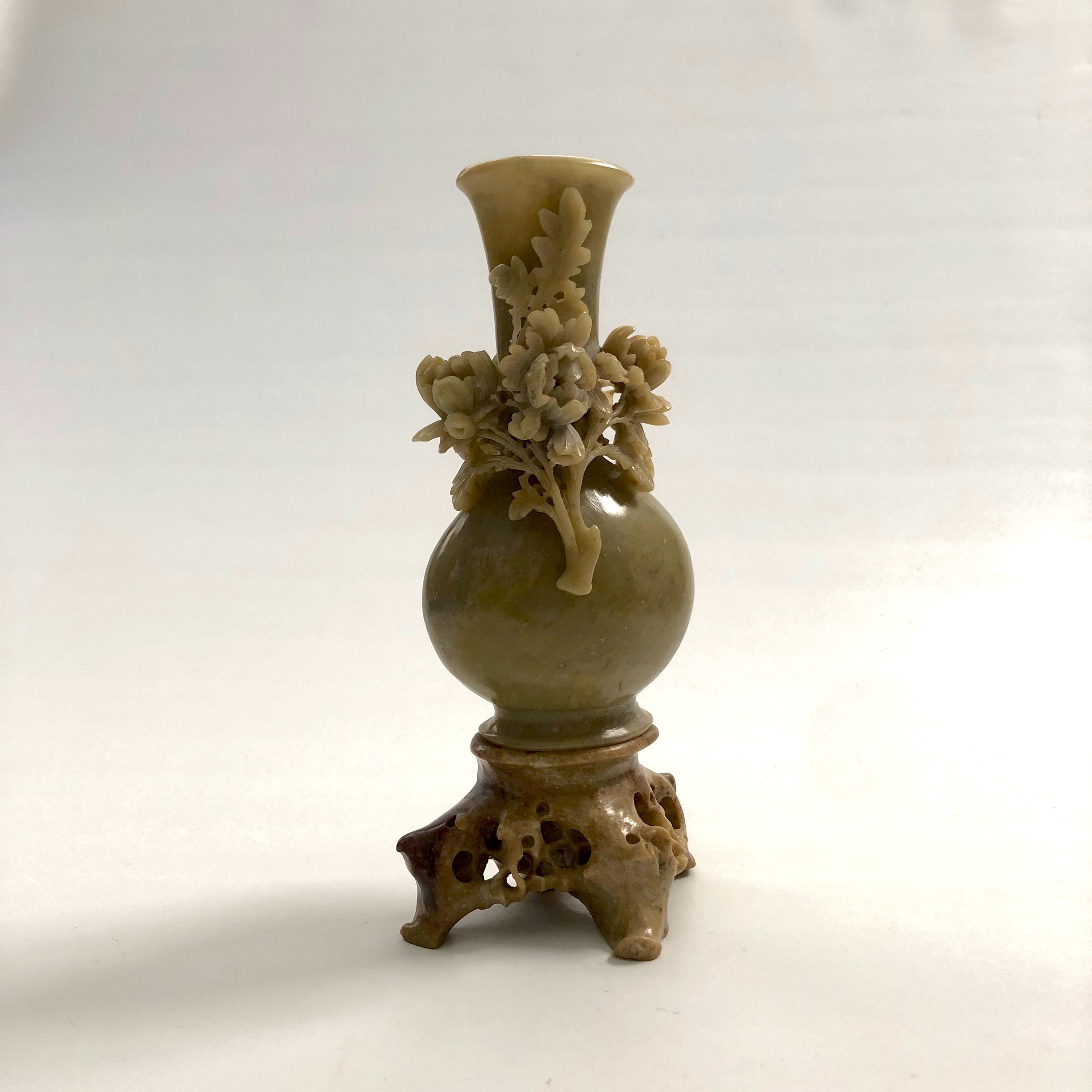 Antique Chinese Carved Soapstone Vase with Peony Blossoms Etsy