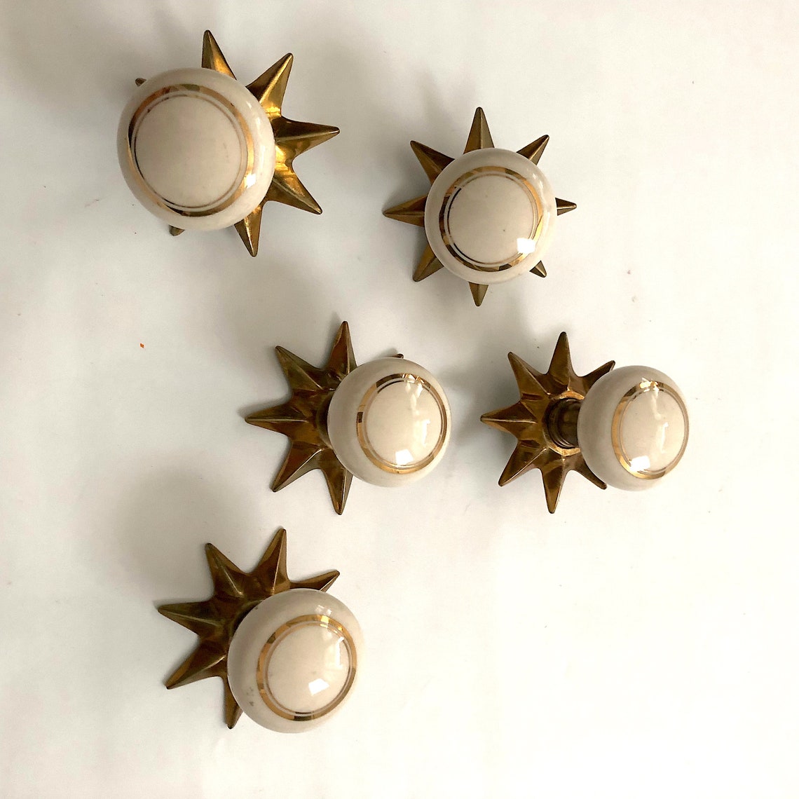 Gold and Porcelain Door Knob Pulls With Starburst Backplate Etsy
