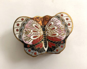 Enameled Brass Butterfly Cloisonné Trinket Box, Vintage Asian Collectible