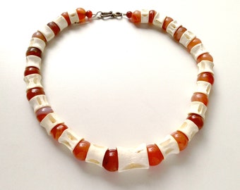 Halloween Horror Art Jewelry, Articulated Carnelian and Bone Necklace, Beaded Spinal Cord Necklace