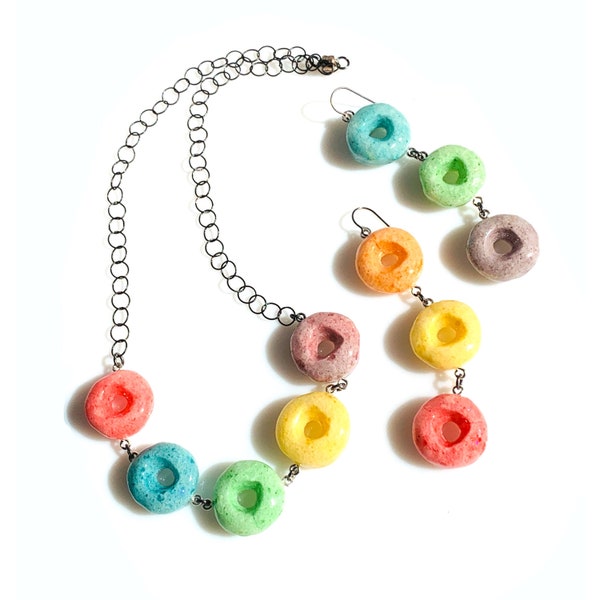 Fruity Loops Cereal Necklace and Earrings Set, Rainbow necklace, food necklace