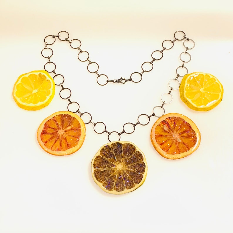 Citrus Salad Necklace, bold statement necklace, real fruit necklace, lemon lime blood orange image 4