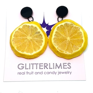 Real Lemon Earrings, drop earrings, fruit earrings, real fruit earrings, real fruit jewelry, unique earrings, fun gift, natural girl