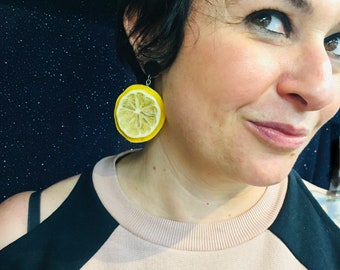 Real Lemon Earrings, drop earrings, fruit earrings, real fruit earrings, real fruit jewelry, unique earrings, fun gift, natural girl