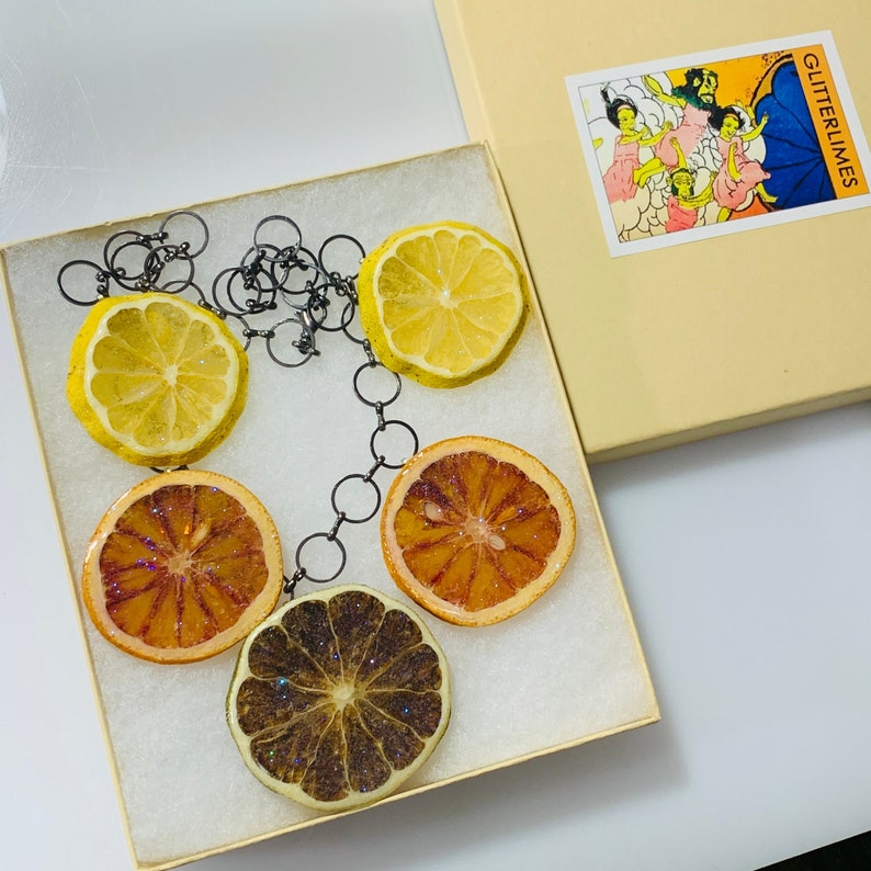 Citrus Salad Necklace, bold statement necklace, real fruit necklace, lemon lime blood orange image 1