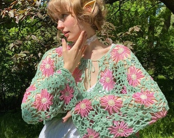 Summer floral crochet cardigan, sheer colorful cardigan, planets fairy cardigan, embroidered cardigan, granny square cardigan,crochet bolero