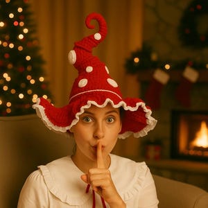 Könnte beinhalten: Ein roter Pilzhut mit weißen Punkten und weißer Spitzenborte. Der Hut wird mit einer weißen Bluse mit Rüschenkragen getragen. Die Person hält einen Finger an den Lippen und deutet damit auf Stille hin. Der Hintergrund zeigt einen Weihnachtsbaum und einen Kamin.