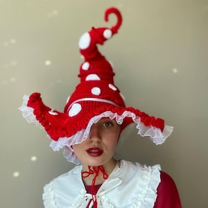 Crochet Mushroom Witch Hat: Red Toadstool Costume, Goblincore Accessory