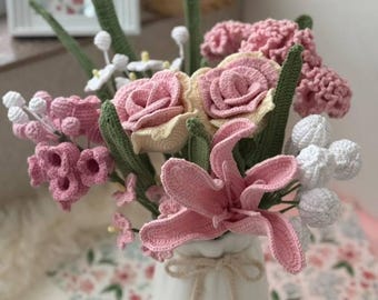 Patroon gehaakte planten bloemboeket: roos, lelie, anjer (pdf-tutorial), eenvoudig waterpas, cadeau grote zus