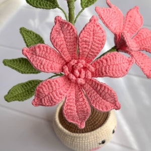 May include: A handcrafted crochet flower arrangement featuring pink flowers, green leaves, and a beige pot. The flowers have detailed petals, and the leaves are a vibrant green. The pot has a smiling face design, adding a whimsical touch to the floral decor.
