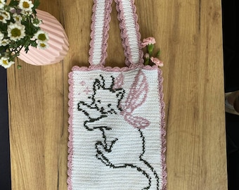 猫のかぎ針編みバッグのパターン：刺繍トート、ビーチバッグ（簡単、英語）