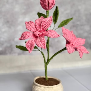 May include: A handmade crochet flower arrangement featuring pink flowers, green leaves, and a green stem, planted in a cream-colored pot with a smiling face design. The pot is filled with brown yarn, and the flowers are in full bloom.