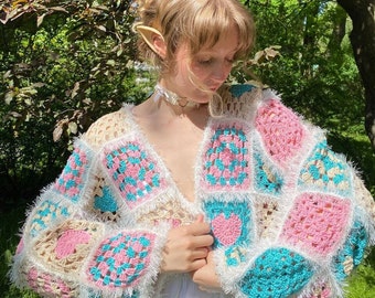Fairy isle sweater, Colorful Granny Square Crochet Cardigan ,Cotton Vegan Stripped Sweater, Cotton Yarn, Fairy grunge core, Kawaii sweater