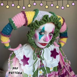 Jester hat,clown hat crochet pattern,jester costume,jester ruff,clowncore, kidcore clown costume, halloween crochet pattern, cosplay pattern