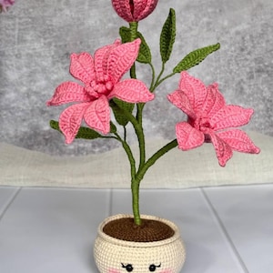 May include: A handcrafted crochet flower arrangement featuring pink flowers, green leaves, and a bud. The flowers are in a cream-colored pot with a smiling face design. The stem is green, and the pot is filled with brown yarn.