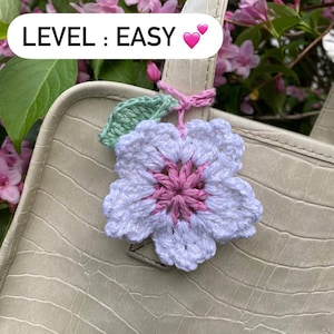 May include: A white crocheted flower with a pink center and a green leaf attached to a light brown bag. The text "LEVEL: EASY" is visible in the top left corner of the image.