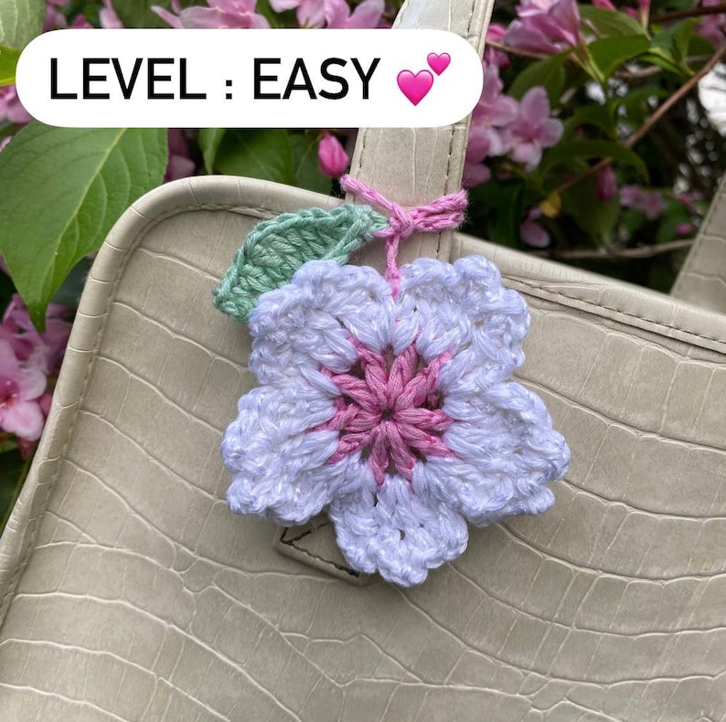 May include: A white crocheted flower with a pink center and a green leaf attached to a light brown bag. The text "LEVEL: EASY" is visible in the top left corner of the image.