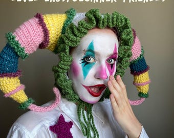 Crochet Jester Hat Pattern: Clowncore Costume, Cosplay, Easy beginner level crochet (Digital Download)