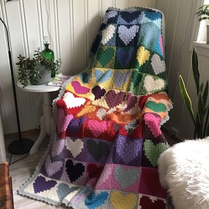 Modèle de couverture en coeur au crochet, couverture amour Saint-Valentin, couverture lestée, modèle de couverture en tricot carré grand-mère, modèle au crochet C2C,