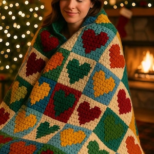 Puede incluir: Una colorida manta de ganchillo con un patrón repetido de corazones en rojo, verde, amarillo y azul. La manta está sobre una persona, con un árbol de Navidad y una chimenea en el fondo.
