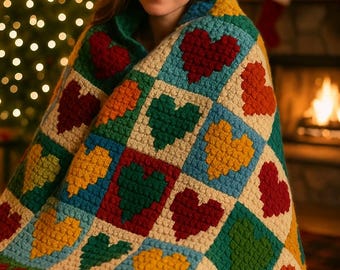 Patrón de manta navideña de crochet: Love Heart C2C (descarga digital), regalo de Galentine