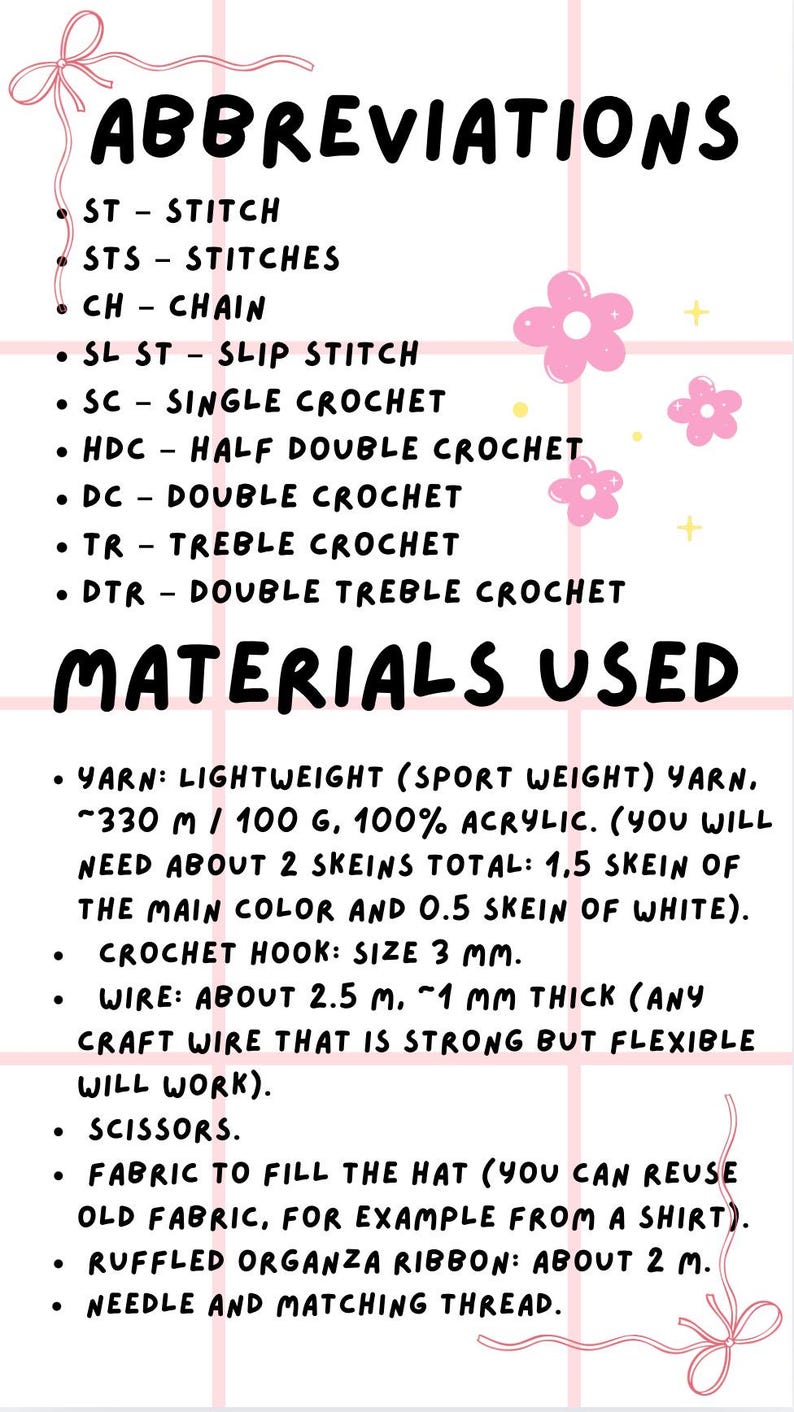 May include: A handwritten guide with crochet abbreviations and materials. The text includes crochet terms like "stitch", "chain", and "double crochet". Materials listed include yarn, a crochet hook (size 3 mm), wire, scissors, fabric, ribbon, and thread.