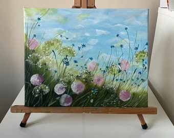 Colorful Field Flowers Sky and Clouds Acrylic Painting on Canvas