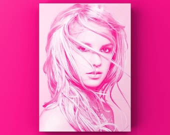 May include: A pink portrait of a woman with long, flowing blonde hair. The image is a close-up, with the woman's face centered and her gaze directed towards the viewer. The background is a solid, bright pink.