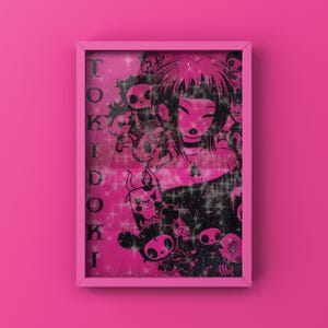 May include: A framed print featuring a pink and black illustration with the text "Tokidoki." The artwork showcases a stylized female figure surrounded by various cartoon characters and symbols. The frame is a matching pink color, creating a cohesive and vibrant aesthetic.
