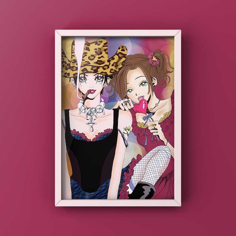 May include: Two anime style women, one with a leopard print cowboy hat and a cigarette, the other with a red dress and a heart-shaped lollipop.