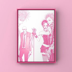 May include: A pink framed art print showcasing a manga-style illustration of a band. The artwork, in pink and white, features four figures, one with a microphone. The image has a striking, graphic style.