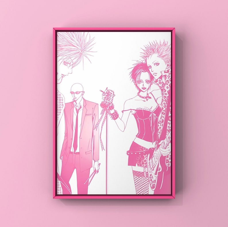 May include: A pink framed art print showcasing a manga-style illustration of a band. The artwork, in pink and white, features four figures, one with a microphone. The image has a striking, graphic style.
