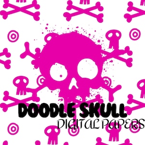 May include: A seamless pattern featuring a repeating design of pink skulls, crossbones, and targets on a white background. A large pink skull with paint splatter is centered, with the words "DOODLE SKULL DIGITAL PAPERS" in black.