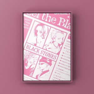 May include: Pink framed poster with manga-style illustrations and the text "BLACK STONES." The design resembles a newspaper, with Japanese text and the words "OFFICIAL" and "Get the Bla" at the top.