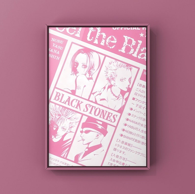 May include: Pink framed poster with manga-style illustrations and the text "BLACK STONES." The design resembles a newspaper, with Japanese text and the words "OFFICIAL" and "Get the Bla" at the top.
