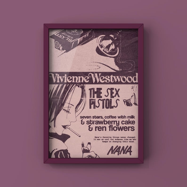 May include: A framed poster with a dark purple frame. The poster features a black and white anime-style illustration of a woman smoking a cigarette. Text includes "Vivienne Westwood," "THE SEX PISTOLS," and "NANA."